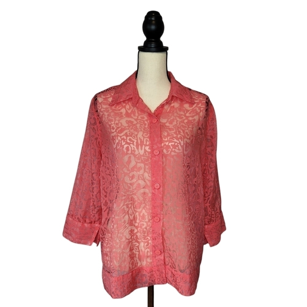 Hearts of Palm pink coral sheer burnout fabric button front 3/4 sleeve top sz 12 - Picture 1 of 8